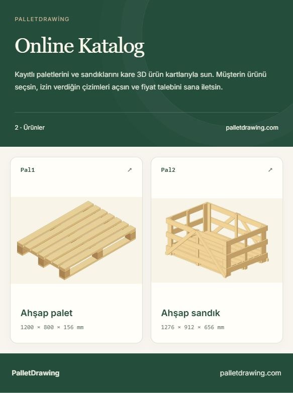 Kare palet ve sandık ürün kartları bulunan örnek online katalog